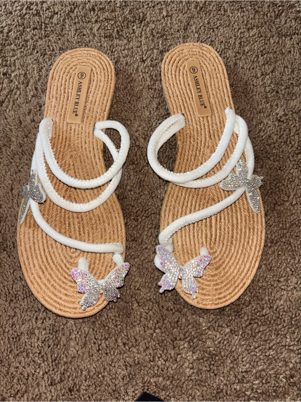 Ashley Blue White Butterfly Embellished Slip-On Sandals